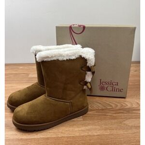 Jessica Cline Elloree Women's Faux Suede Bow Back Boots in Cognac 8.5 WIDE NEW